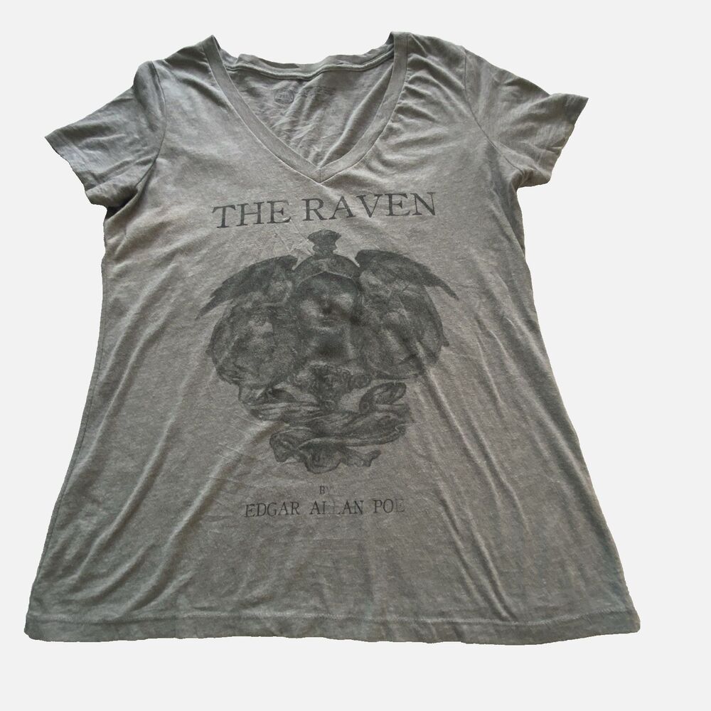 Out Of Print Womens XXL Gray The Raven Edgar Allan Poe V Neck Graphic T Shirt